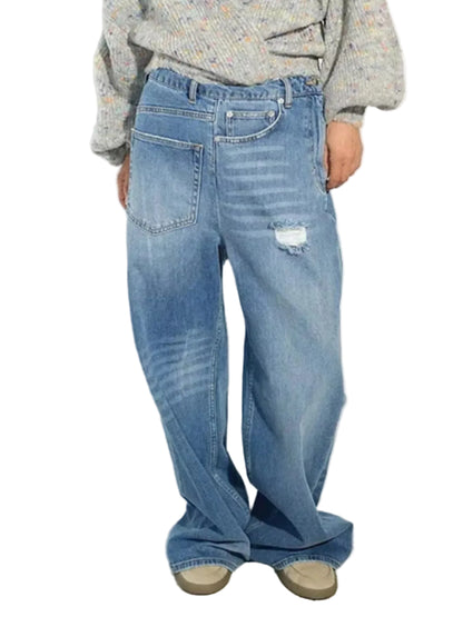 A person wearing wide-leg light blue denim jeans with a distressed rip on the left thigh, paired with a gray speckled sweater and beige shoes, standing against a white wall.