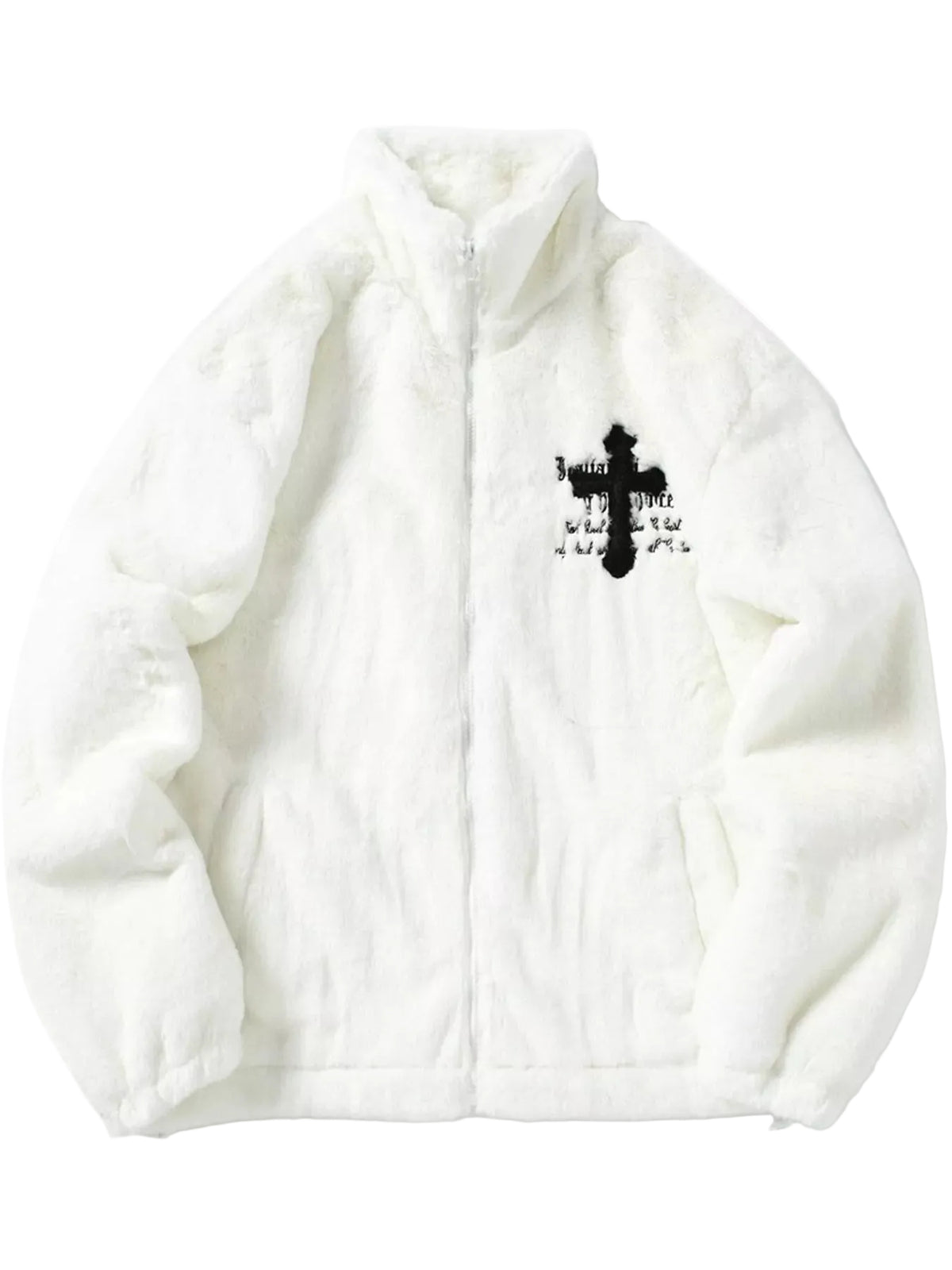 A white plush zip-up jacket with a black cross graphic and Japanese text on the left chest, displayed flat against a white background.