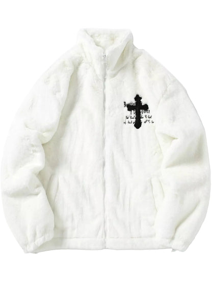 A white plush zip-up jacket with a black cross graphic and Japanese text on the left chest, displayed flat against a white background.