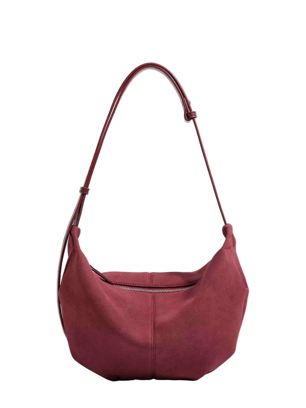 A burgundy suede hobo shoulder bag with a single adjustable strap, displayed against a clean white background.