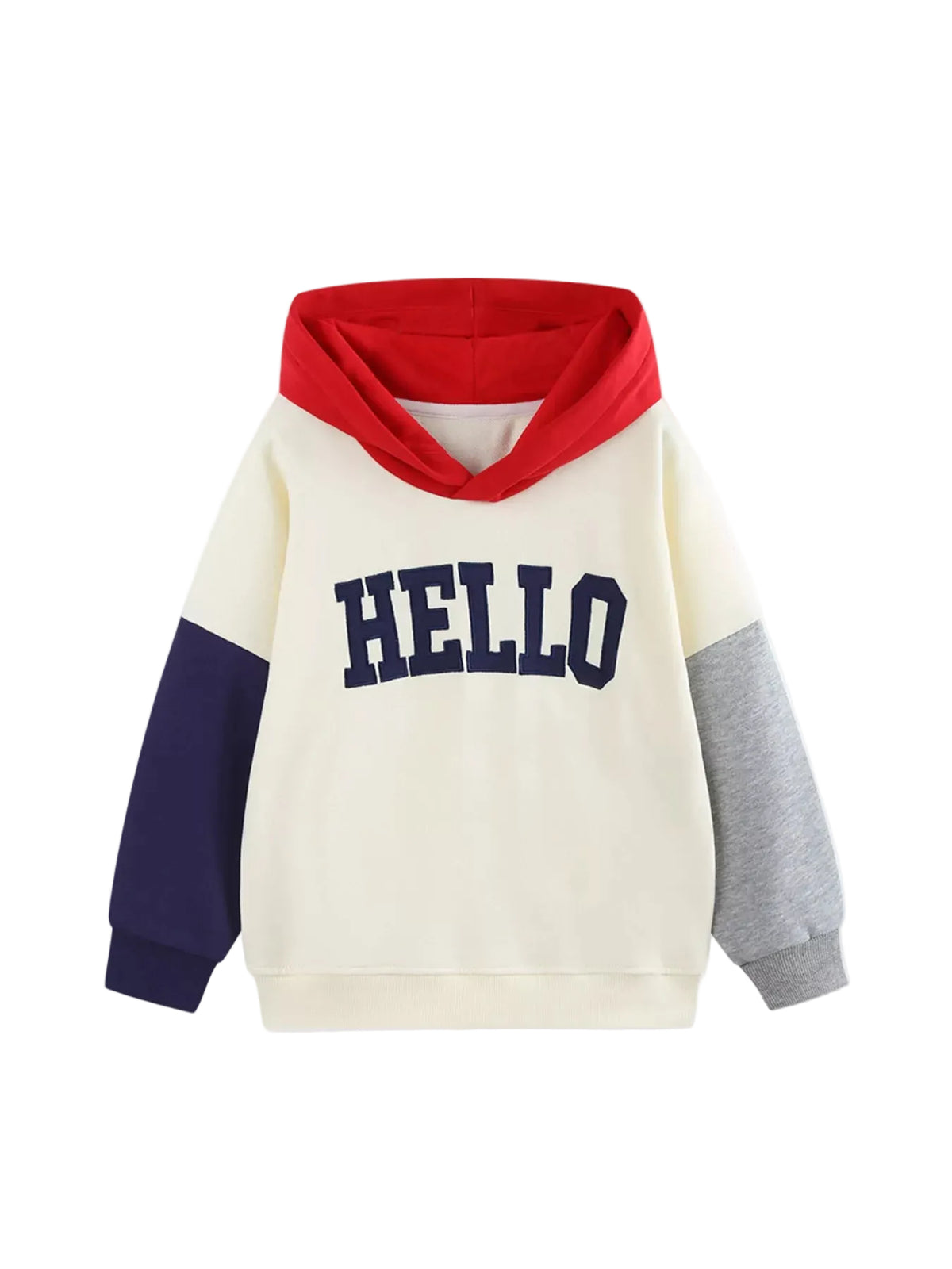 A children's colorblock hoodie sweatshirt with a cream body, red hood, navy blue 'HELLO' text on the chest, a navy blue left sleeve, and a gray right sleeve, shown on a plain white background.