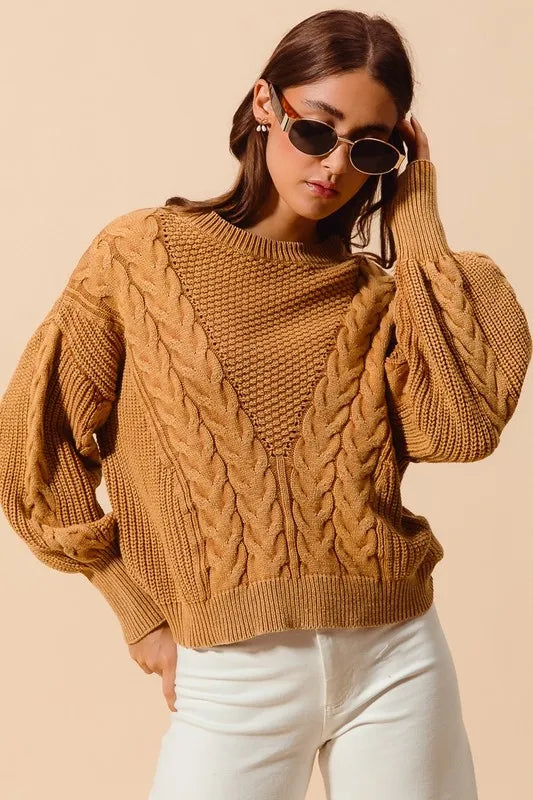 Mineral Washed Loose Fit Textured Cable Sweater.