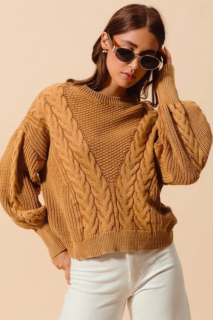 Mineral Washed Loose Fit Textured Cable Sweater.