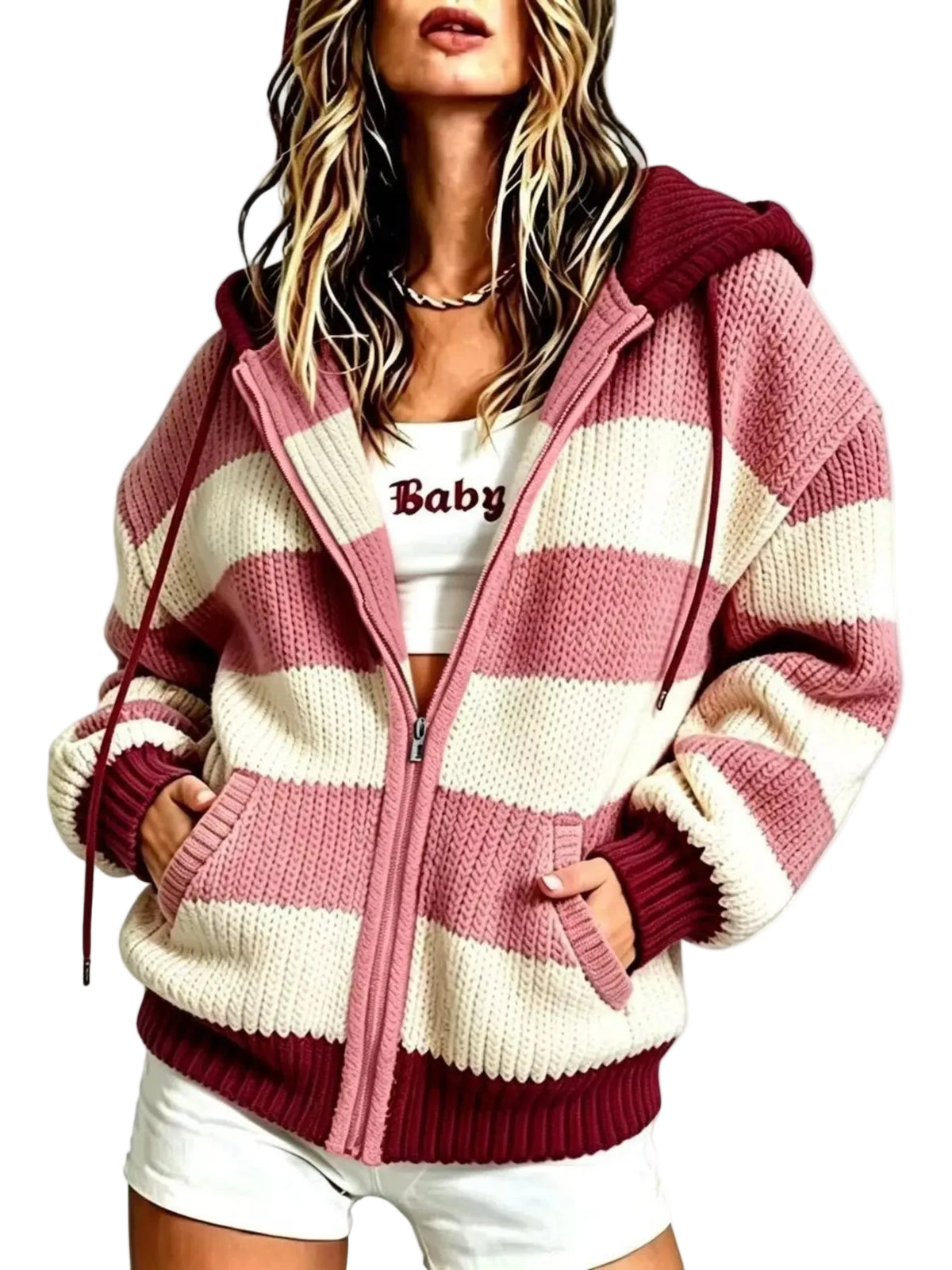 Striped Hooded Zip-Up Knit Cardigan