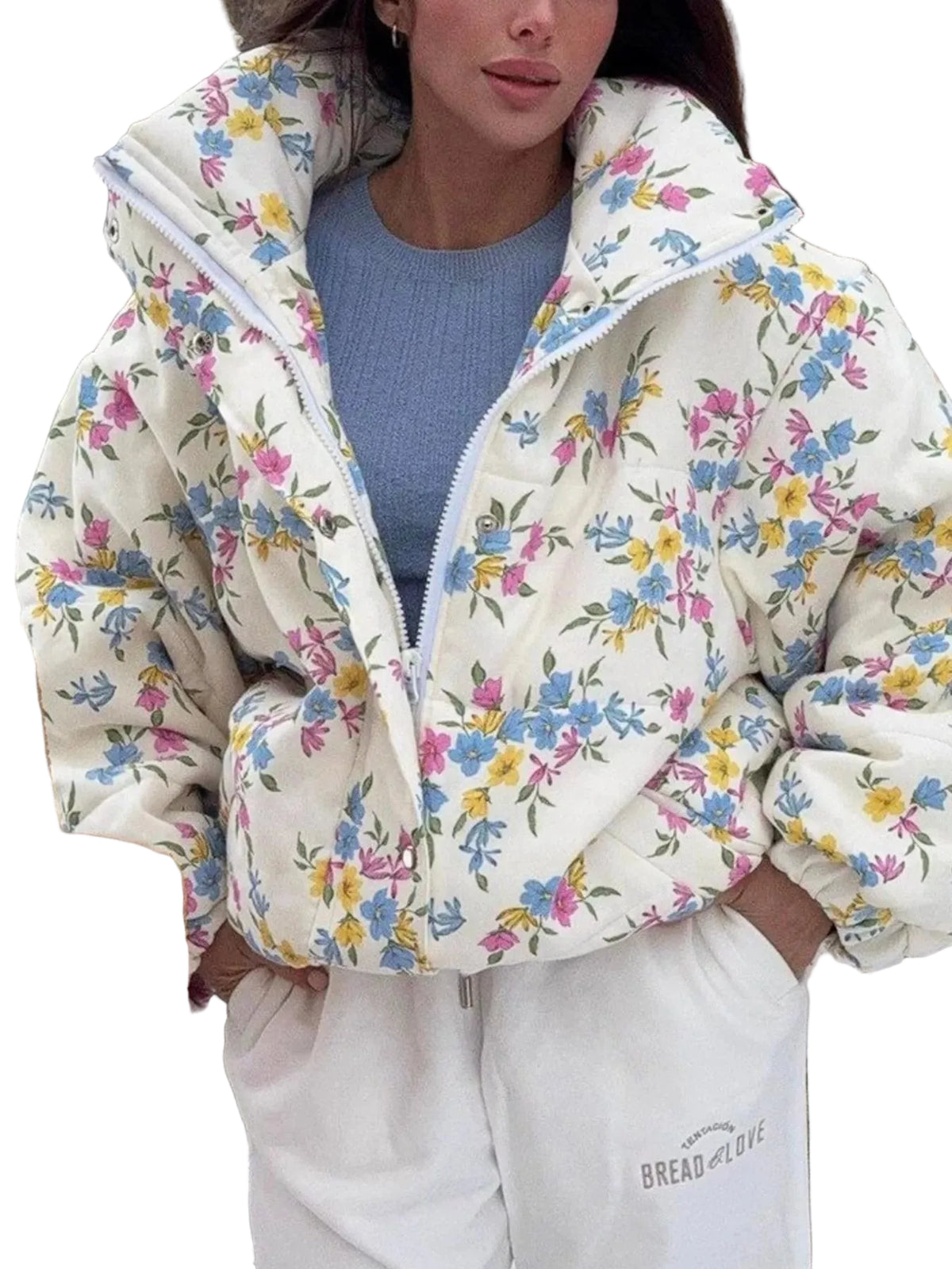 Floral print puffer jacket with stand collar