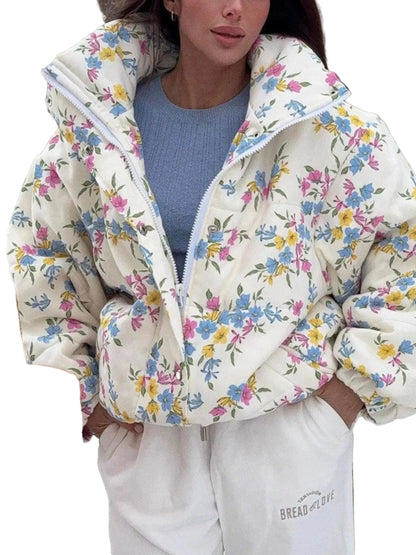 Floral print puffer jacket with stand collar