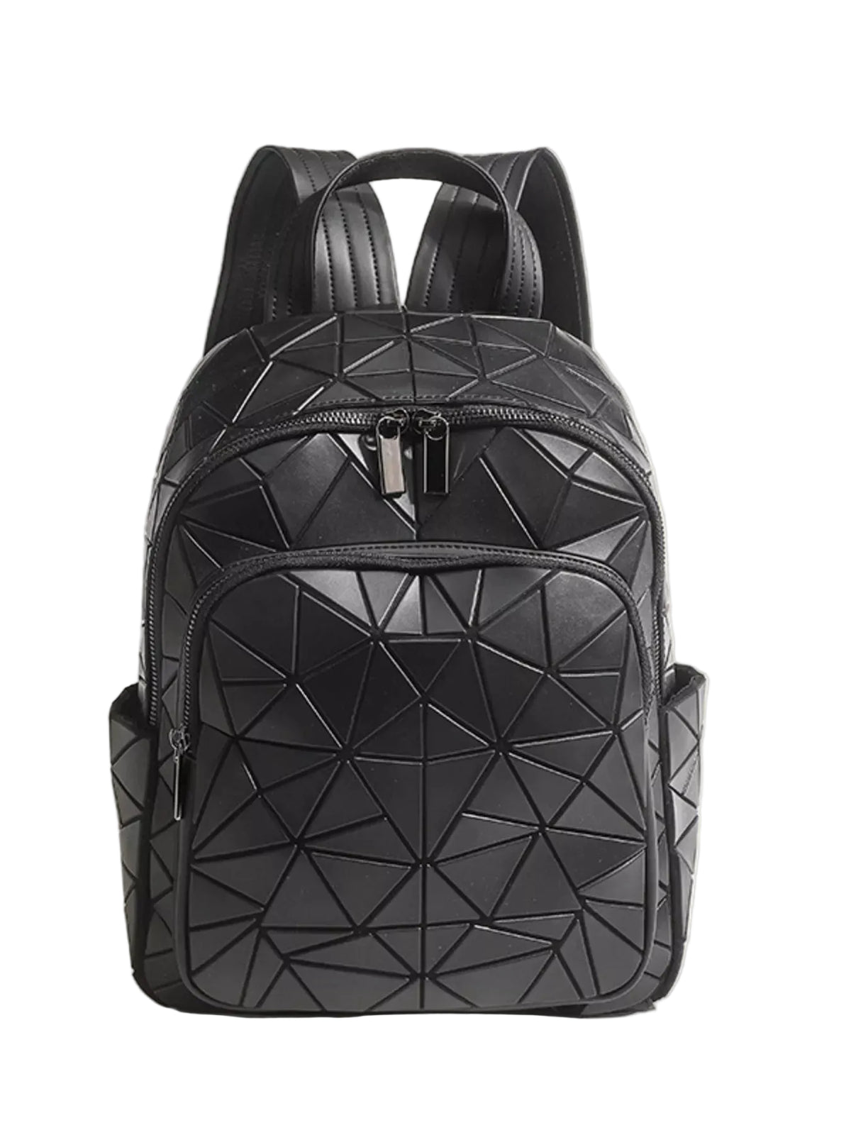Black geometric pleated backpack with a front zippered pocket and top handles, shown on a light beige background.