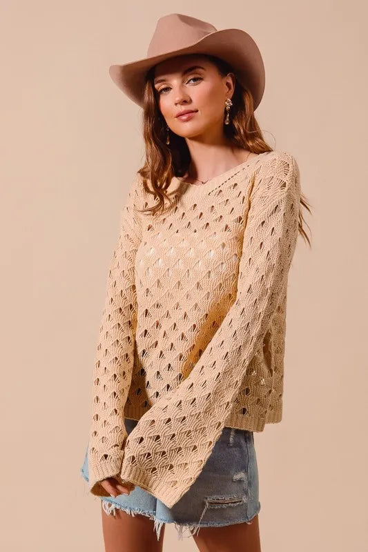 Geometric Pattern Open Knit Lightweight Sweater.