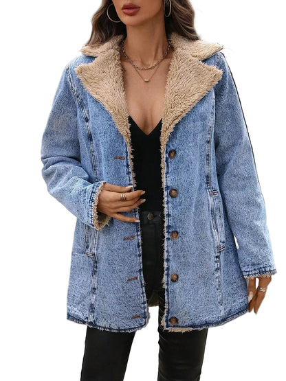 A woman wearing a light blue denim jacket with a beige sherpa lining, styled over a black top and black pants, standing on a street crosswalk.