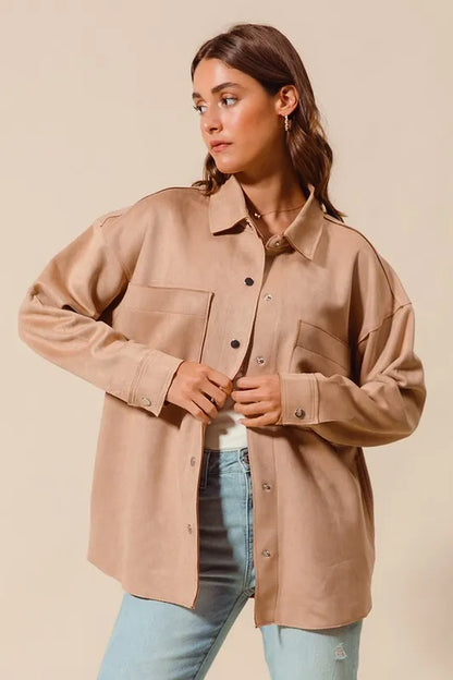 Suede Snap Shacket with Collar and Pockets.