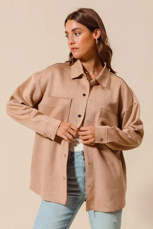 Suede Snap Shacket with Collar and Pockets.