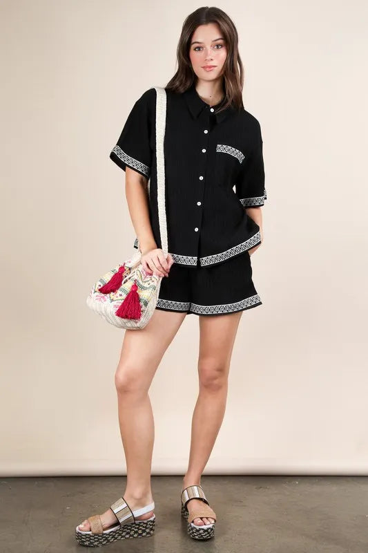 Crinkled Woven Shirt Top & Shorts Set.
