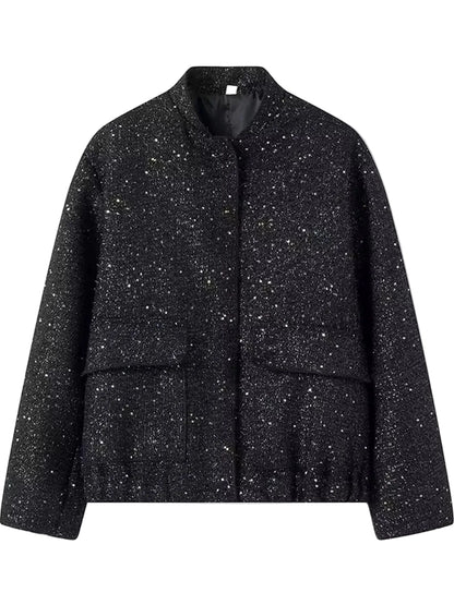 Elegant Tweed Bomber Jacket with Front Pockets