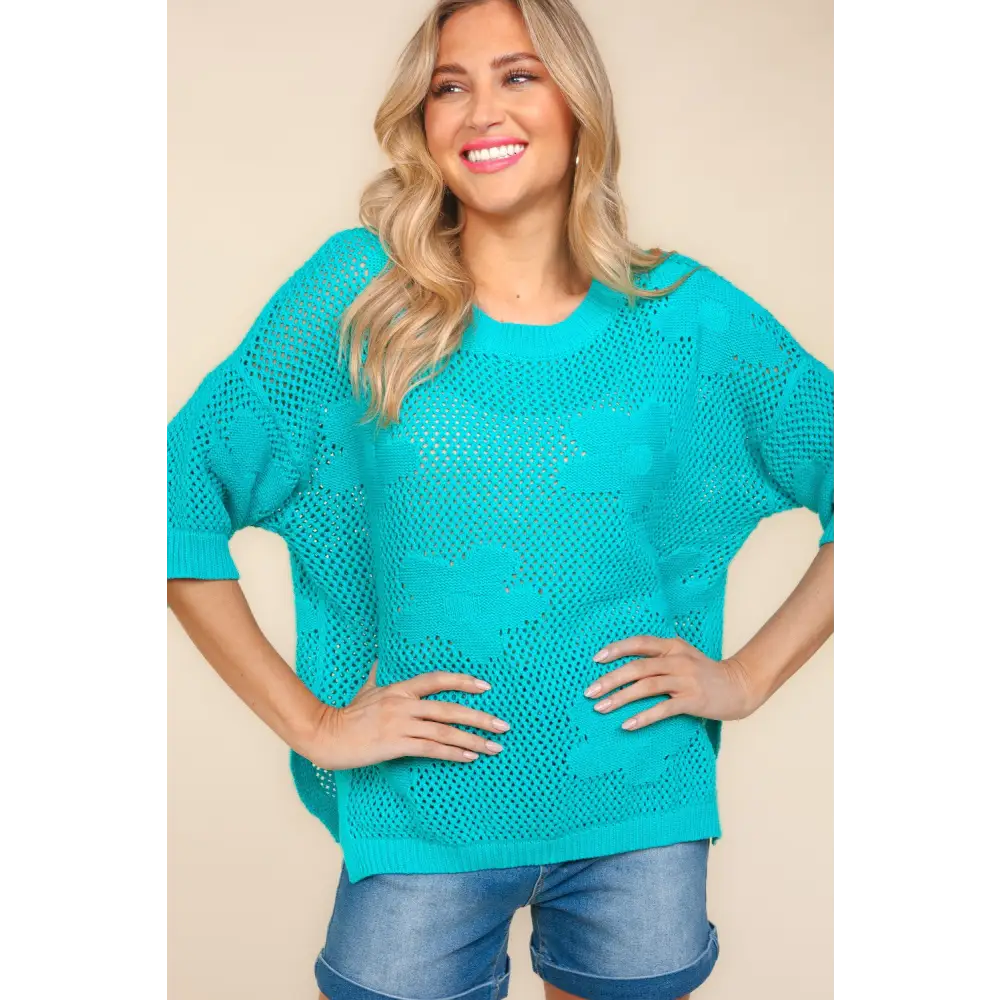 Floral Crochet Side Slit Knit Top.