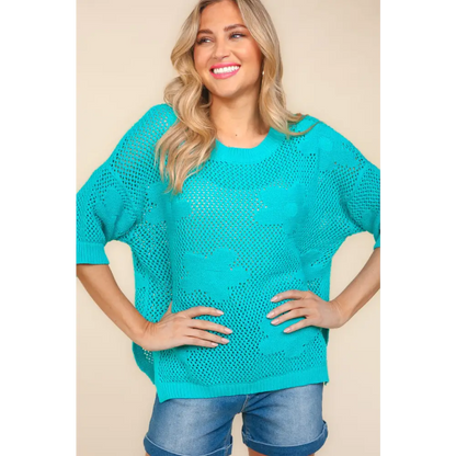 Floral Crochet Side Slit Knit Top.