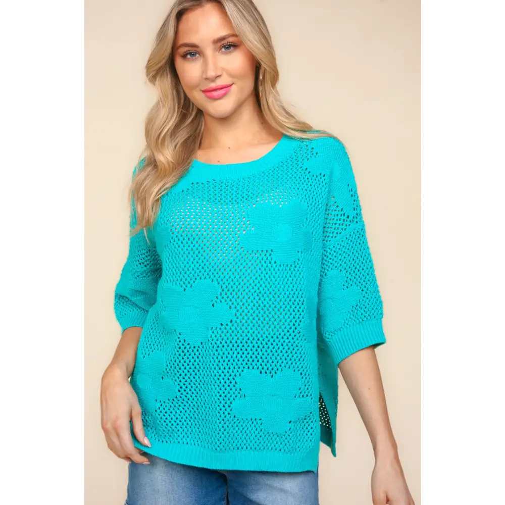 Floral Crochet Side Slit Knit Top.