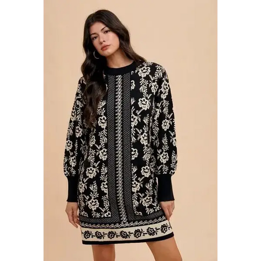 Floral Jacquard Round Neck Sweater Dress.