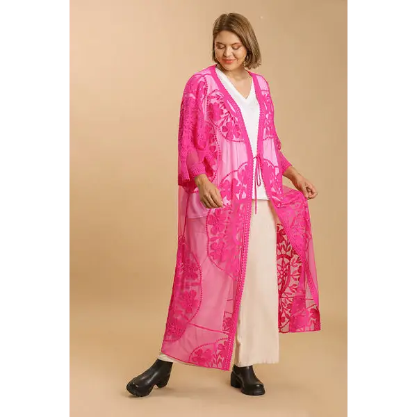 Floral Lace Open Front Long Kimono with Waist Tie.