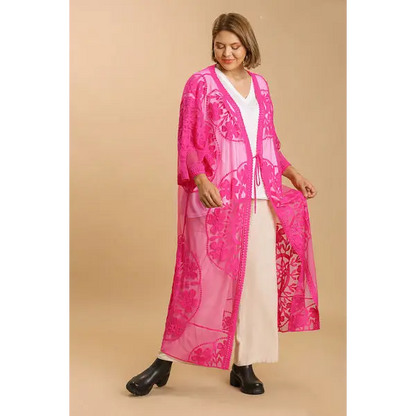Floral Lace Open Front Long Kimono with Waist Tie.