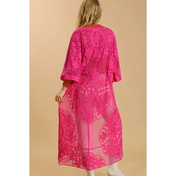 Floral Lace Open Front Long Kimono with Waist Tie.