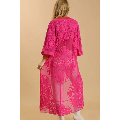 Floral Lace Open Front Long Kimono with Waist Tie.
