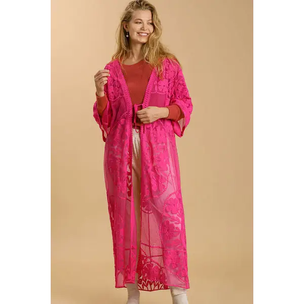 Floral Lace Open Front Long Kimono with Waist Tie.