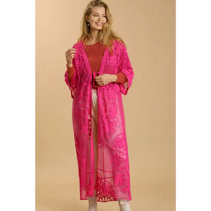 Floral Lace Open Front Long Kimono with Waist Tie.