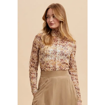 Floral Lettuce Hem Sheer Mesh Top.