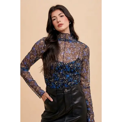 Floral Lettuce Hem Sheer Mesh Top.