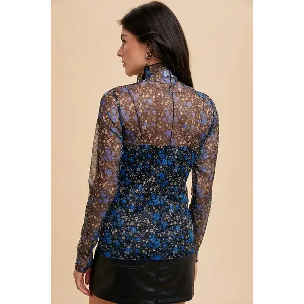 Floral Lettuce Hem Sheer Mesh Top.