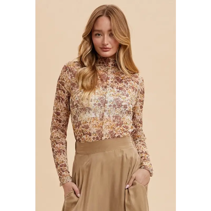 Floral Lettuce Hem Sheer Mesh Top.
