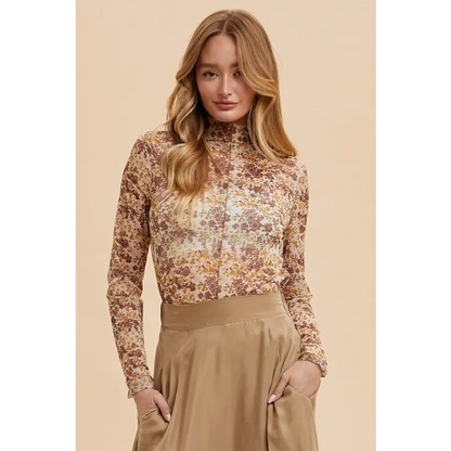 Floral Lettuce Hem Sheer Mesh Top.