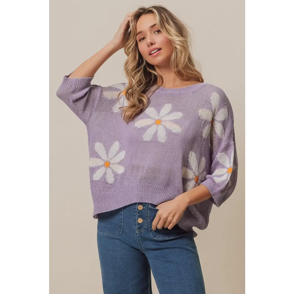 Floral Pattern Slit Sweater.