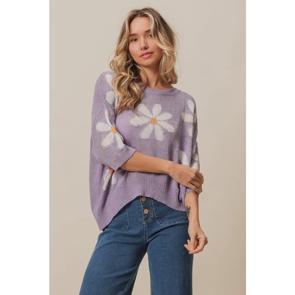 Floral Pattern Slit Sweater.