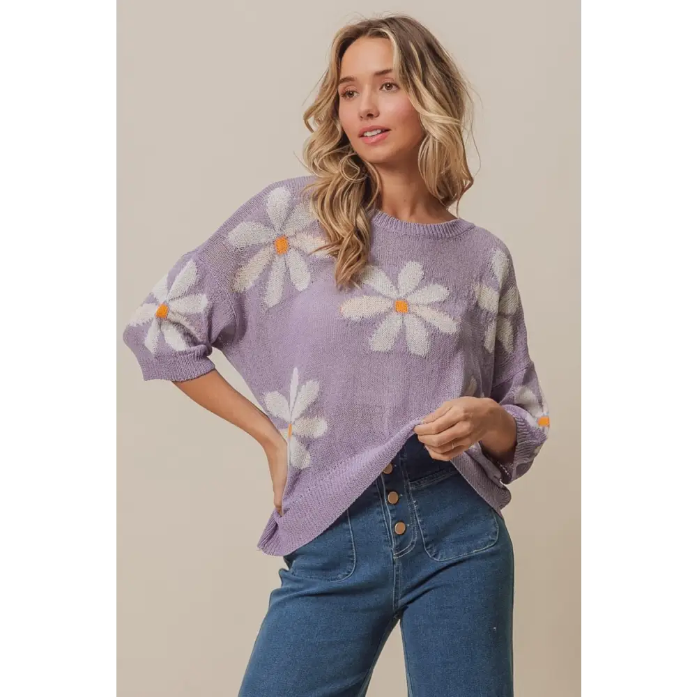 Floral Pattern Slit Sweater.