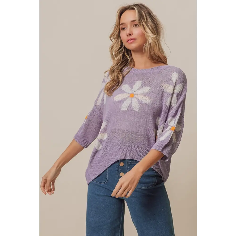 Floral Pattern Slit Sweater.