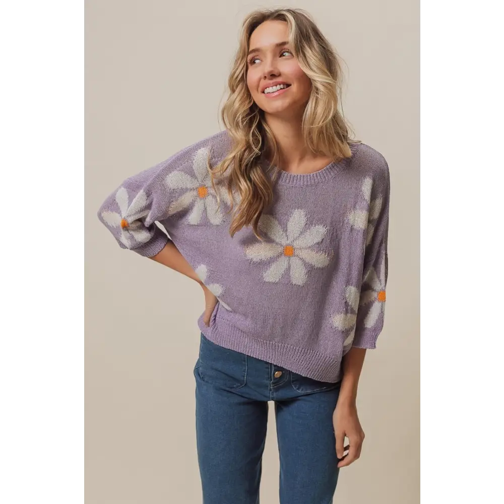 Floral Pattern Slit Sweater.