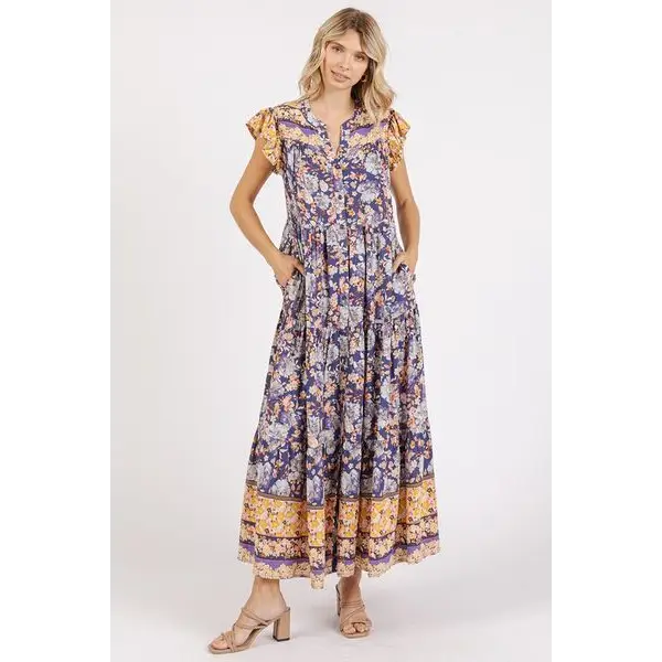 Floral Ruffled Notched Cap Sleeve Maxi Dress.
