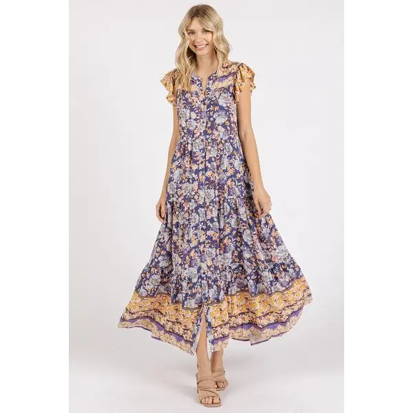 Floral Ruffled Notched Cap Sleeve Maxi Dress.