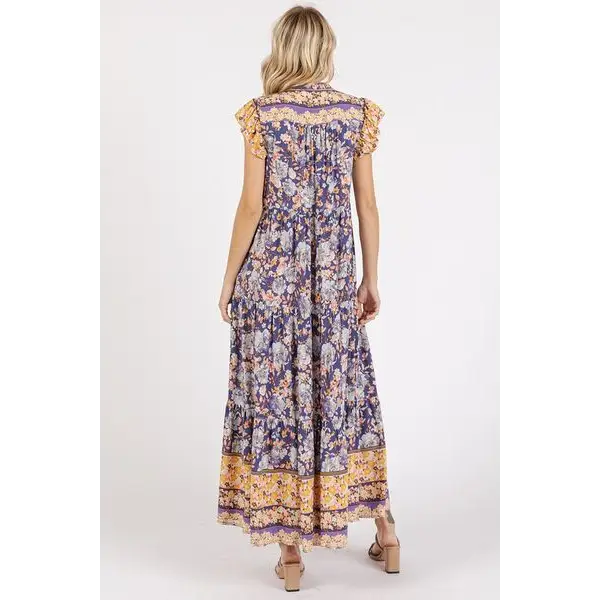 Floral Ruffled Notched Cap Sleeve Maxi Dress.