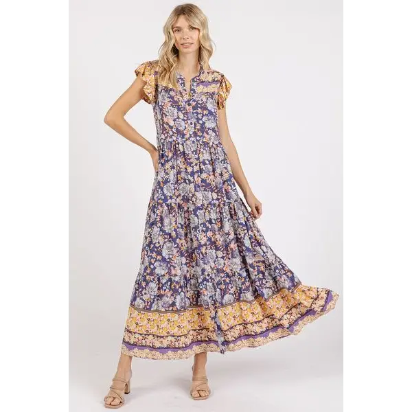 Floral Ruffled Notched Cap Sleeve Maxi Dress.