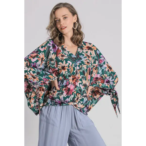 Floral V-Neck Tie Sleeve Blouse.