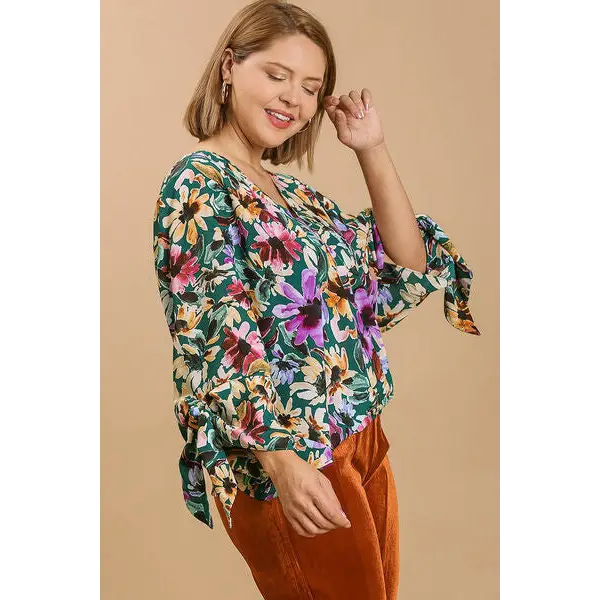 Floral V-Neck Tie Sleeve Blouse.