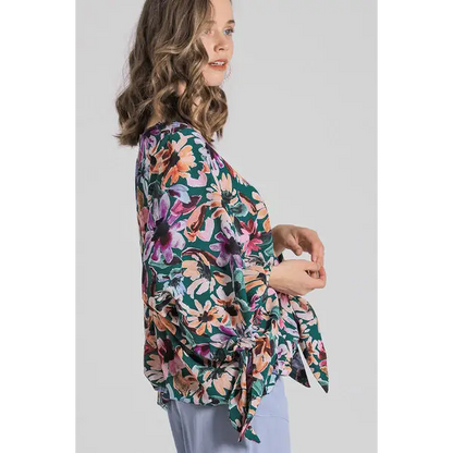 Floral V-Neck Tie Sleeve Blouse.