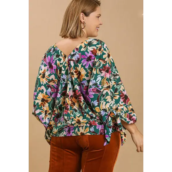 Floral V-Neck Tie Sleeve Blouse.