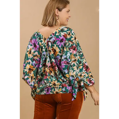 Floral V-Neck Tie Sleeve Blouse.