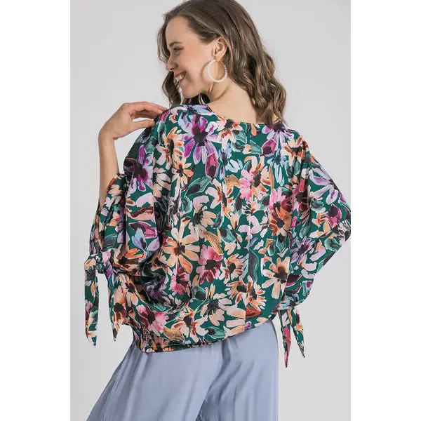 Floral V-Neck Tie Sleeve Blouse.