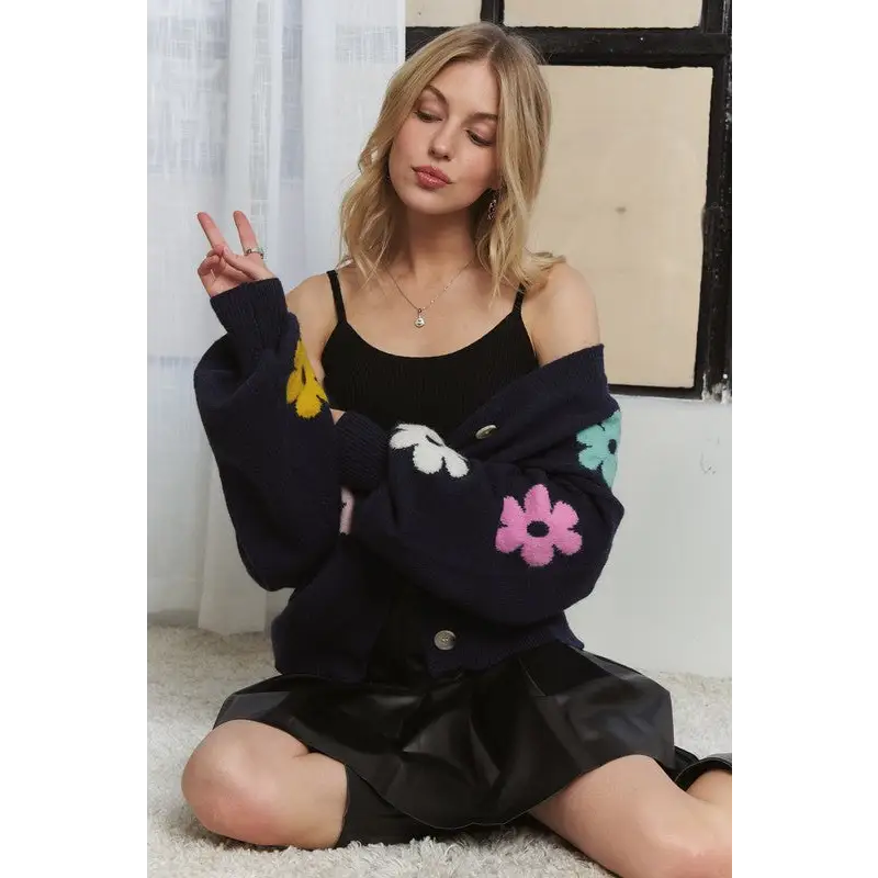 Flower Button Down Lantern Sleeve Cardigan.