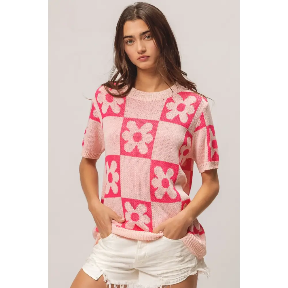 Flower Checker Pattern Short Sleeve Sweater.