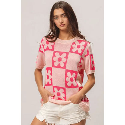 Flower Checker Pattern Short Sleeve Sweater.